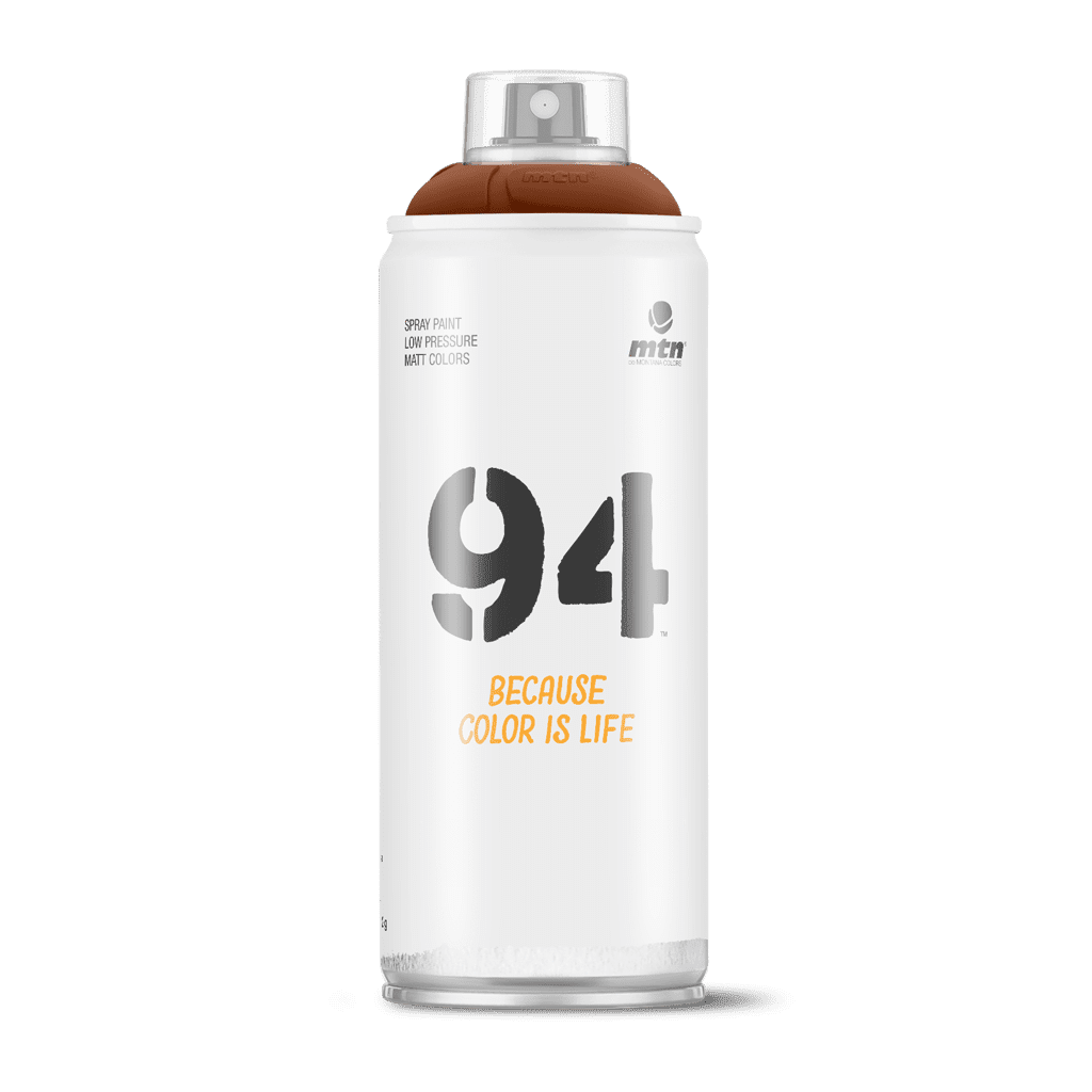 MTN 94 Spray Paint - 9RV99 - Glace Brown is a low-pressure matte finish coversall spray paint designed to give artists, craftsmen, and DIY'ers the ultimate control. These versatile spray cans carried by Spray Planet with over 200+ colors allow graffiti artists to achieve precise finish and effects with ease. Montana Colors MTN 94 9RV99 - Glace Brown is an opaque full middle to dark reddish brown hue.  Hex: #7A3D24